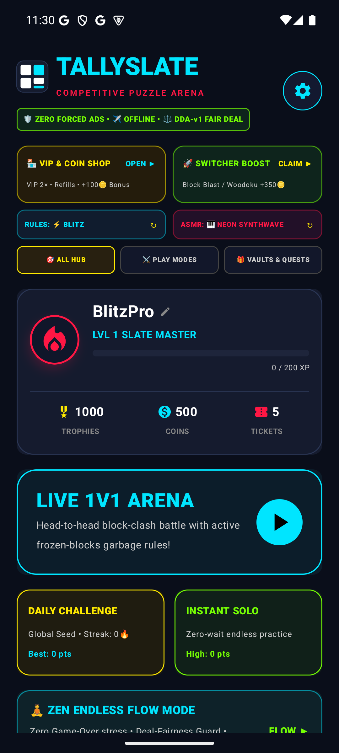 Tallyslate Home Lobby showing Solo Arena, Championship Tourneys, and Daily Streak rewards