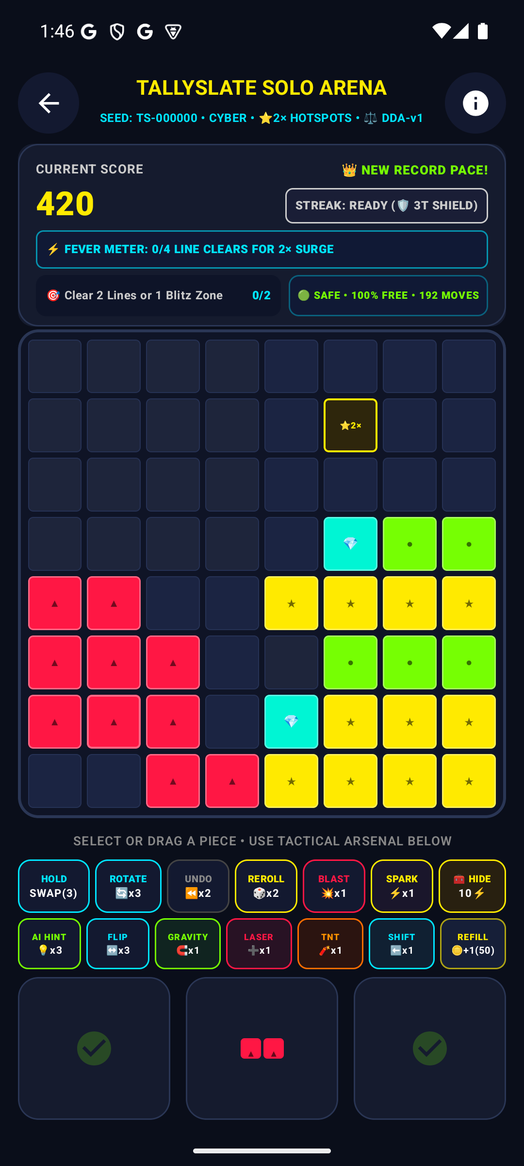 Tallyslate Solo Arena 8x8 spatial gameplay showing active block rack, tactical boosters, and score HUD