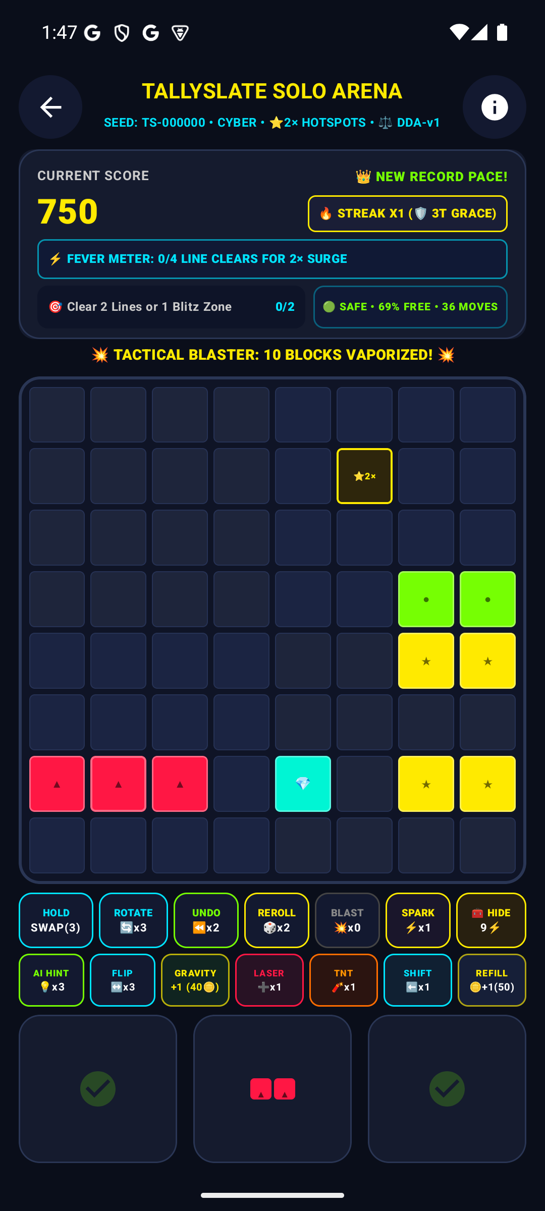 Tallyslate Tactical Arsenal showing 3x3 Bomb, Row Laser, and Undo Move boosters