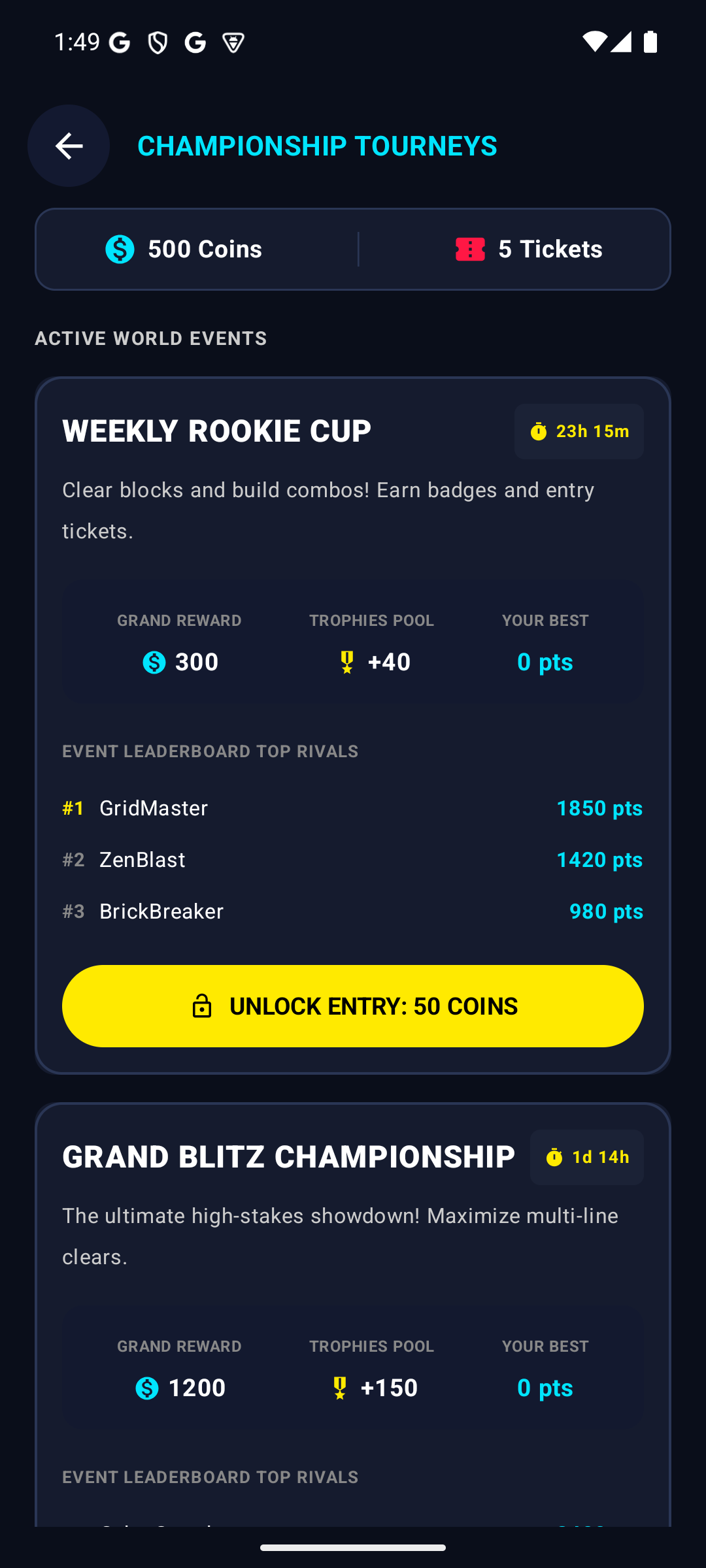 Tallyslate Championship Tourneys showing Daily Blitz, Weekend Masters, and Pro Invitational