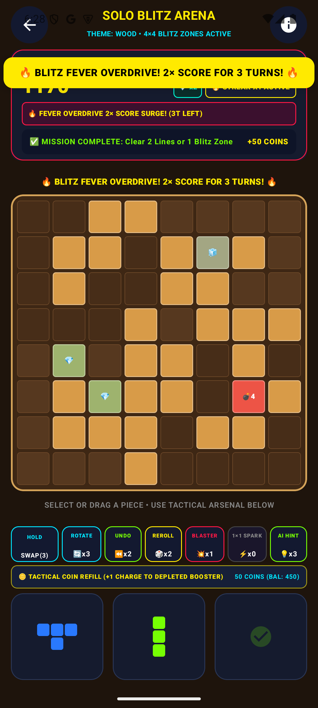 Tallyslate on Android showing Fever Overdrive 2x Score Surge active on the 8x8 board
