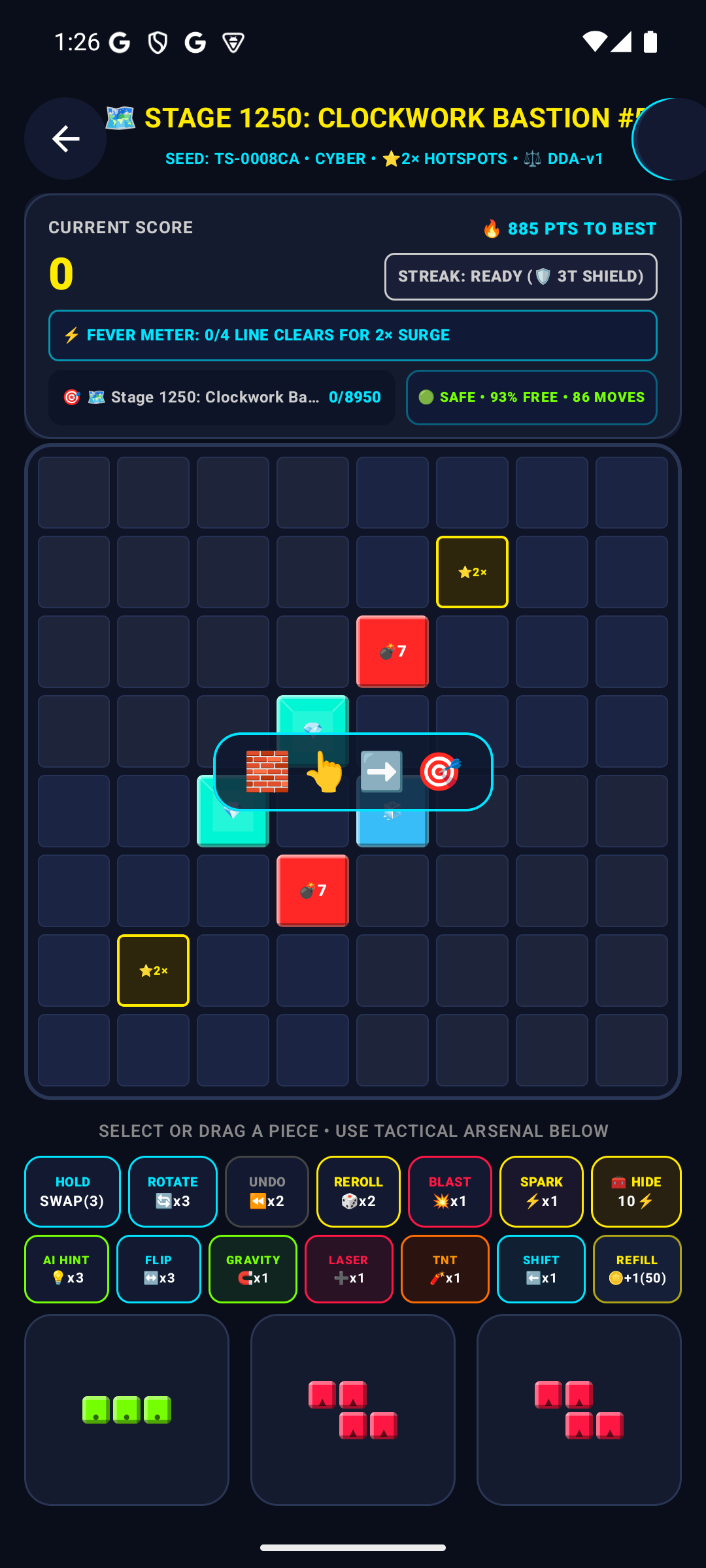 Tallyslate on Android showing Adventure Saga Stage 1,250 with multi-hit obstacles