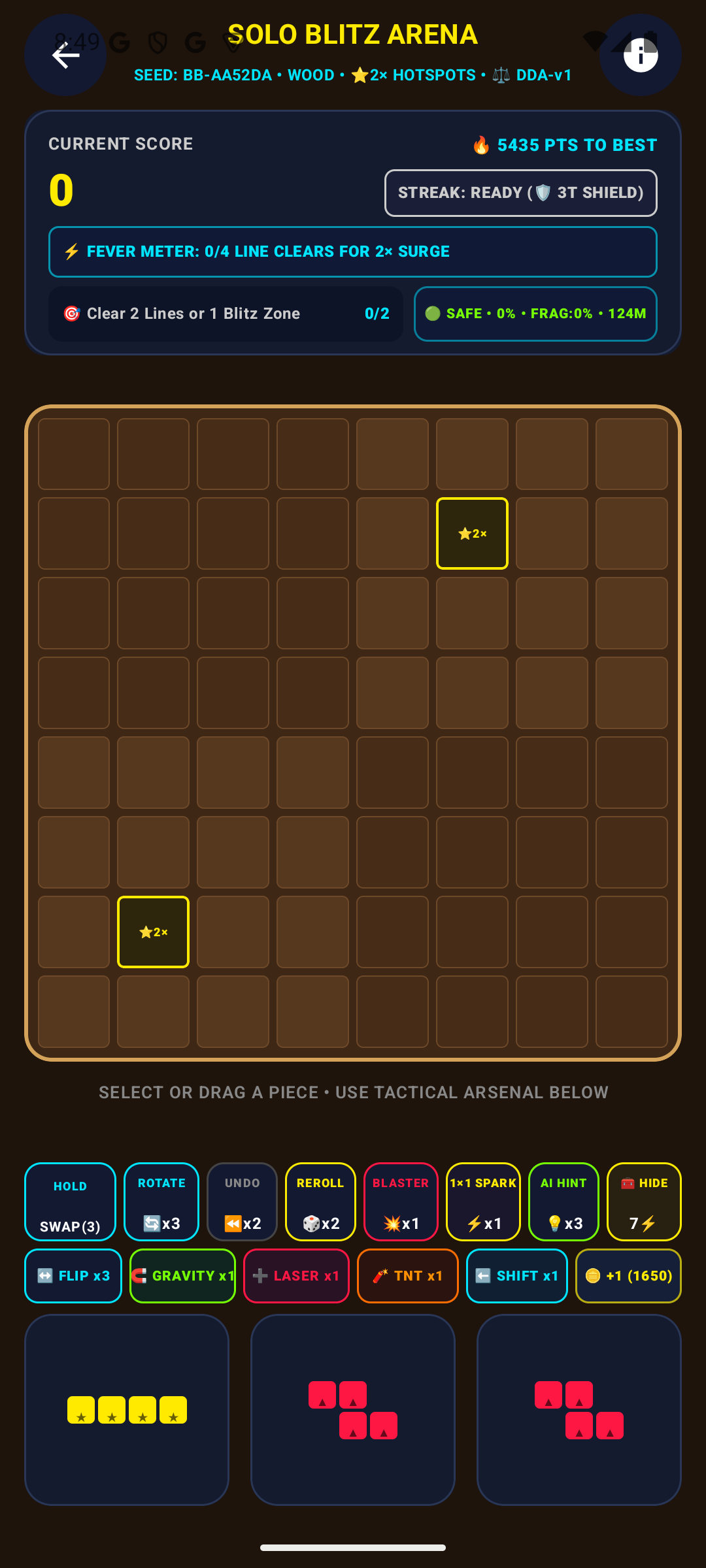 Tallyslate on Android showing the expanded 14-Booster Tactical Arsenal drawer