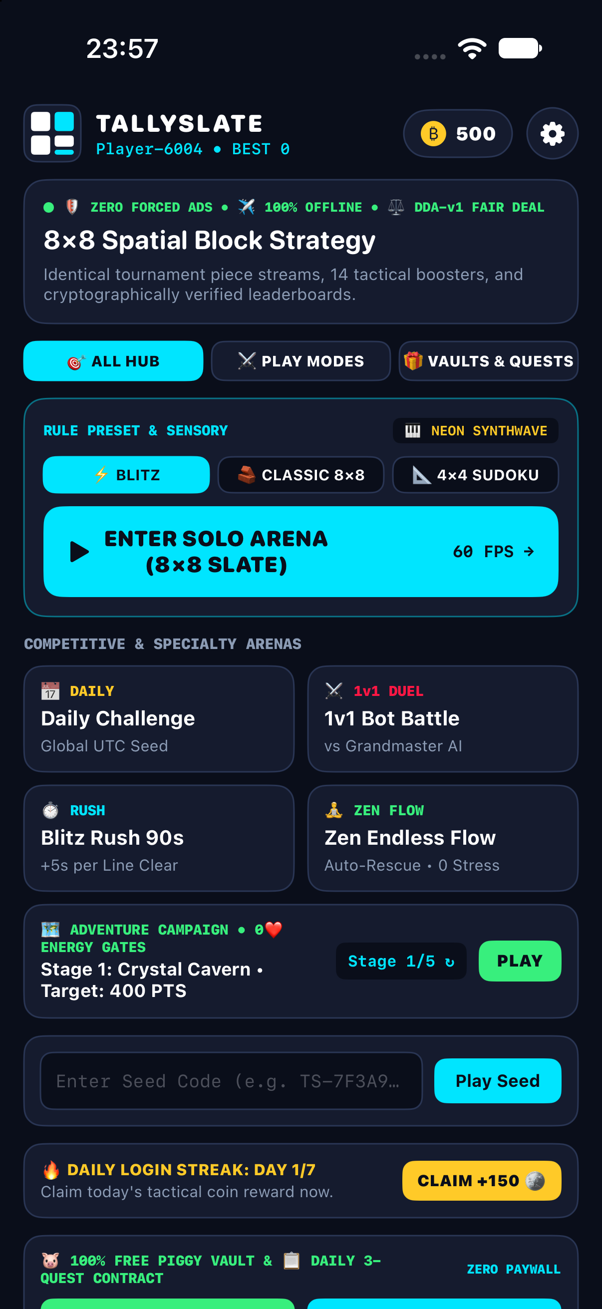 Tallyslate iOS Command Lobby showing 2,000-stage Adventure Saga, Daily Seed Challenge, and Zero Forced Ads