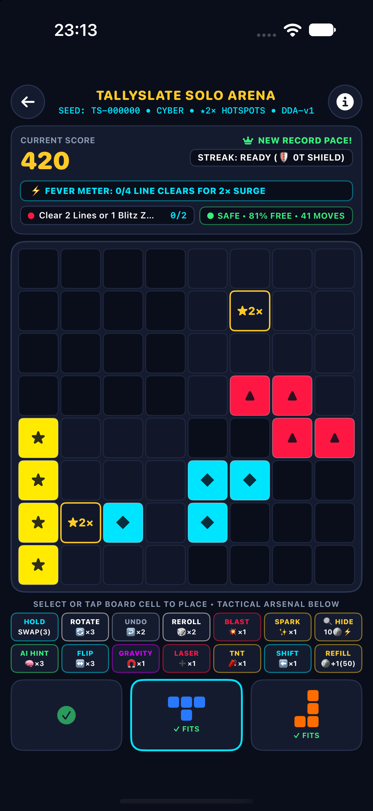 Tallyslate iOS 8x8 Solo Arena showing tactical boosters, 2x2 Hold Vault, and score telemetry