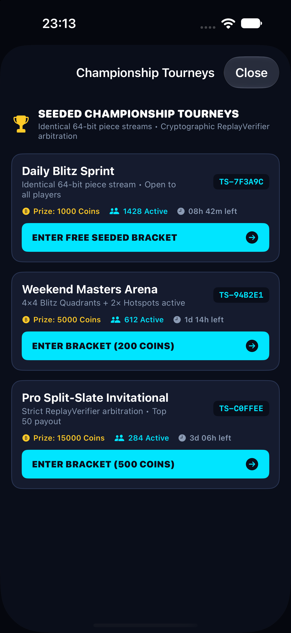 Tallyslate iOS Seeded Duels and Championship Tourneys screen with TS-XXXXXX seed codes