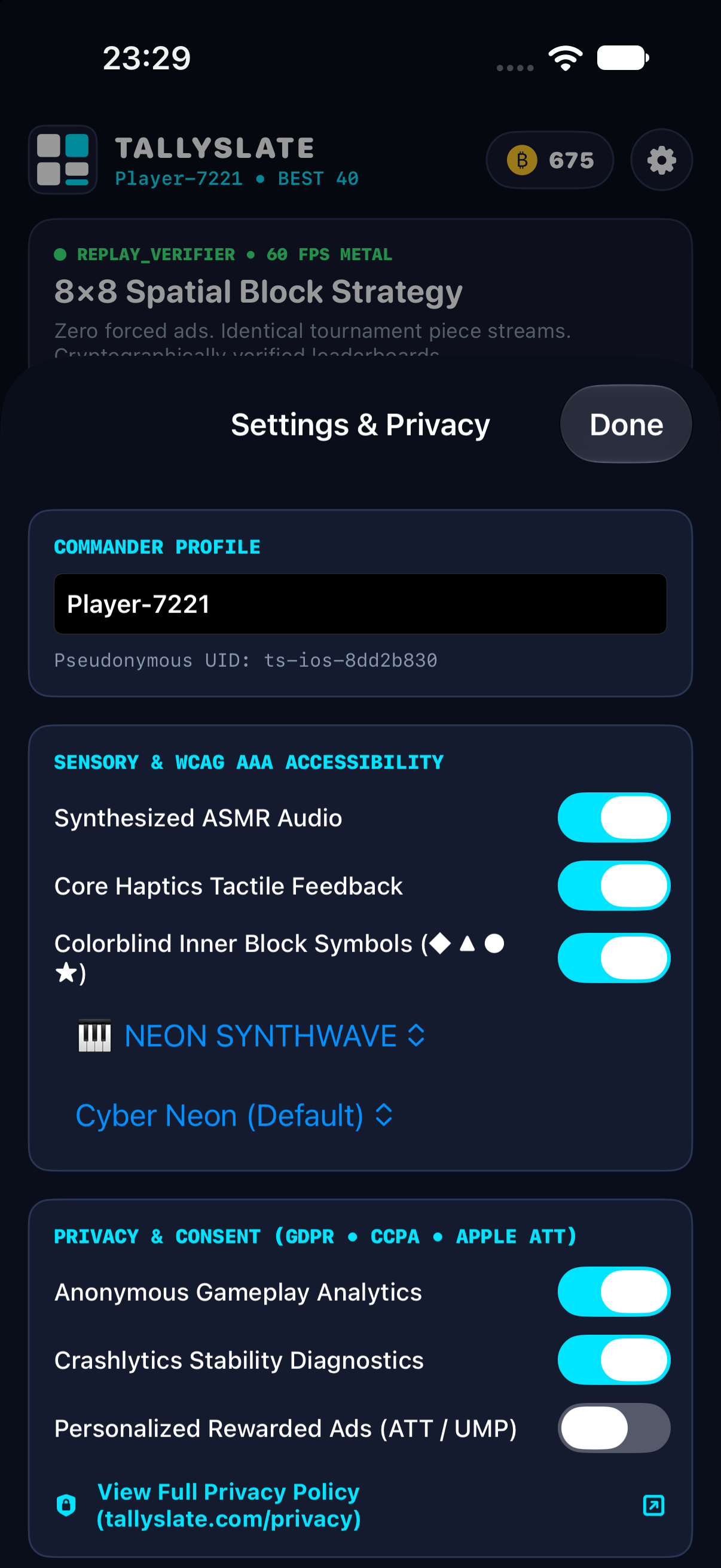 Tallyslate iOS Settings showing 3 Rule Presets, 4 ASMR Sound Profiles, 4 Board Skins, and Colorblind Symbols